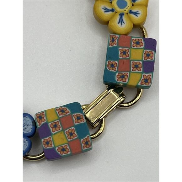 VTG Polymer Flower Checkered Y2K Bracelet Millefiori Gold Tone Link - Picture 3 of 7